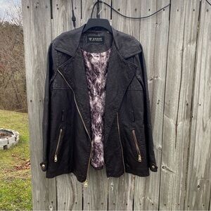 Guess Brown Black Faux Leather Moto Jacket with Snake Skin Logo Lining XL